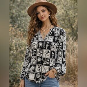 Figueroa & Flower Black & White Botanical Print Patchwork Long Sleeve Blouse NWT